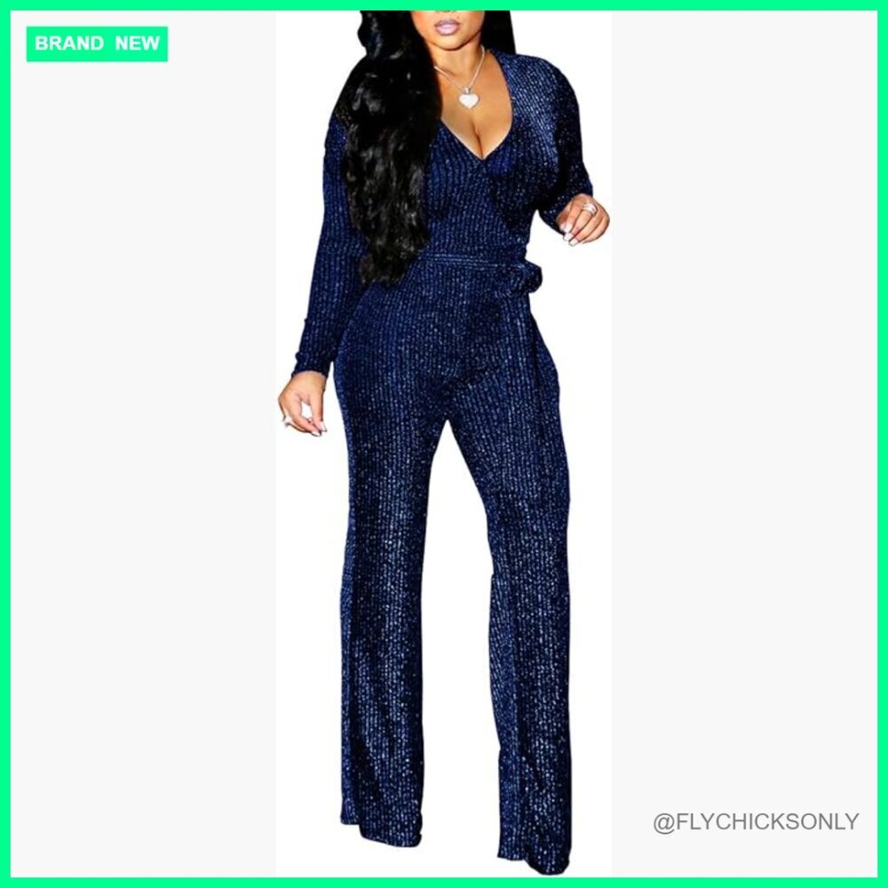 Sparkly Glitter Fabric Jumpsuit with Belt, Long Sleeve V-Neck Party Clubwear